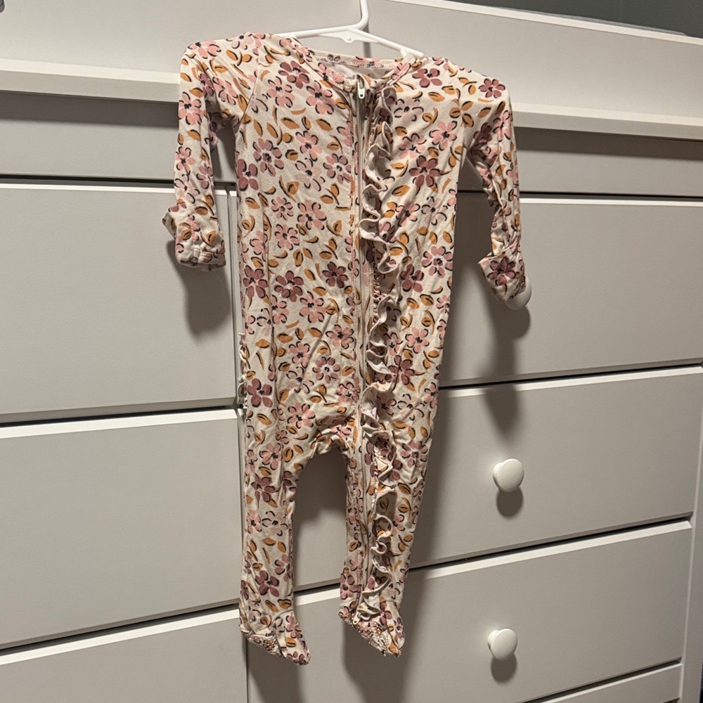 Caden Lane Floral Ruffle Footie in Pink and Orange